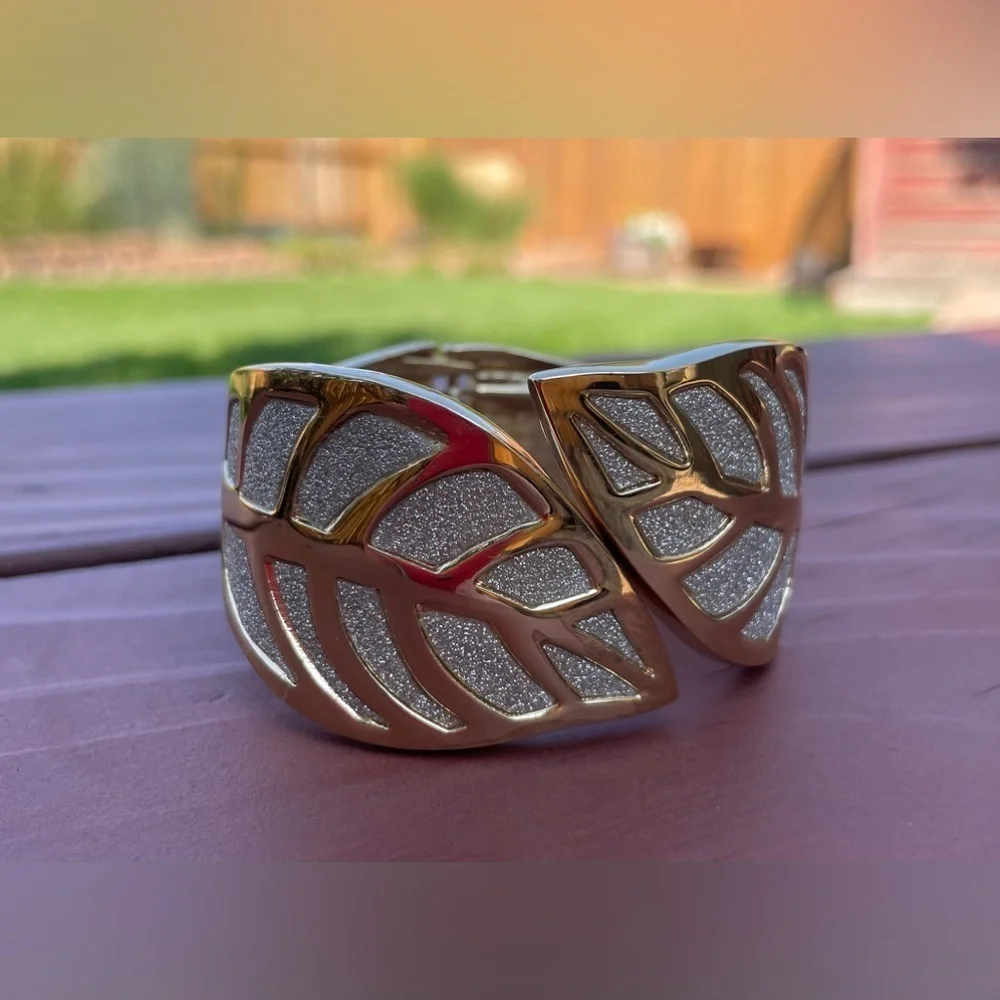 Silver Shimmer Gold Tone Leaf Cuff Bracelet